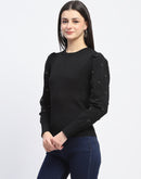 Madame Adorned Sleeves Solid Black Knitted Top