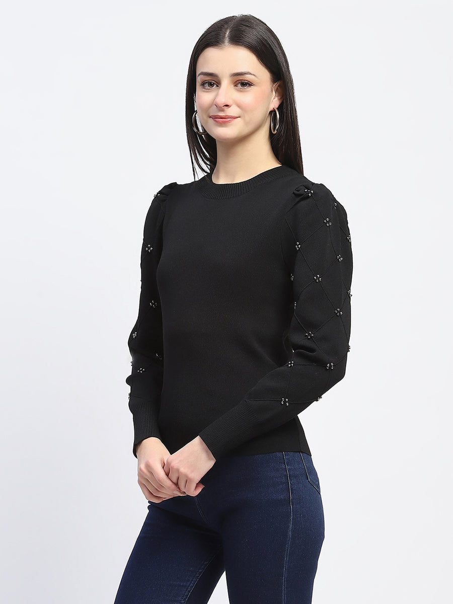 Madame Adorned Sleeves Solid Black Knitted Top