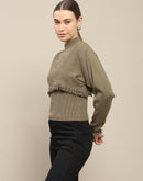 Madame Front Ripped Full Sleeve Olive Sweater