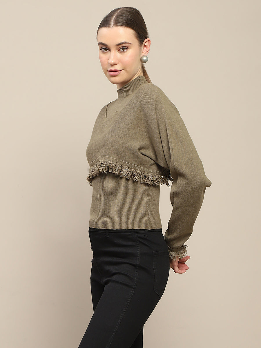 Madame Front Ripped Full Sleeve Olive Sweater