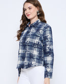 Madame Long Sleeve All Over Printed Shirt Collar Front Button Blue Shirt