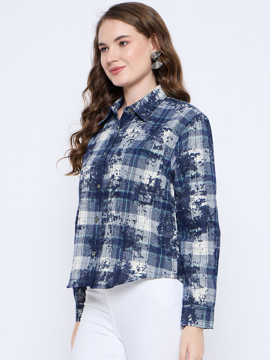 Madame Long Sleeve All Over Printed Shirt Collar Front Button Blue Shirt