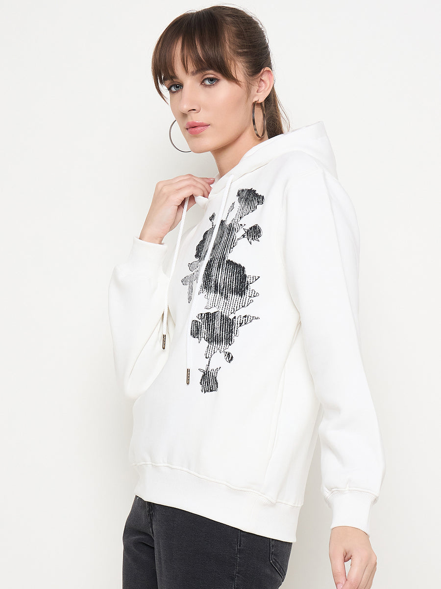 Madame Floral Print Adorned Cotton Blend White Sweatshirt