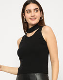 Madame Cutout Sleeveless Mock Neck Black Sweater