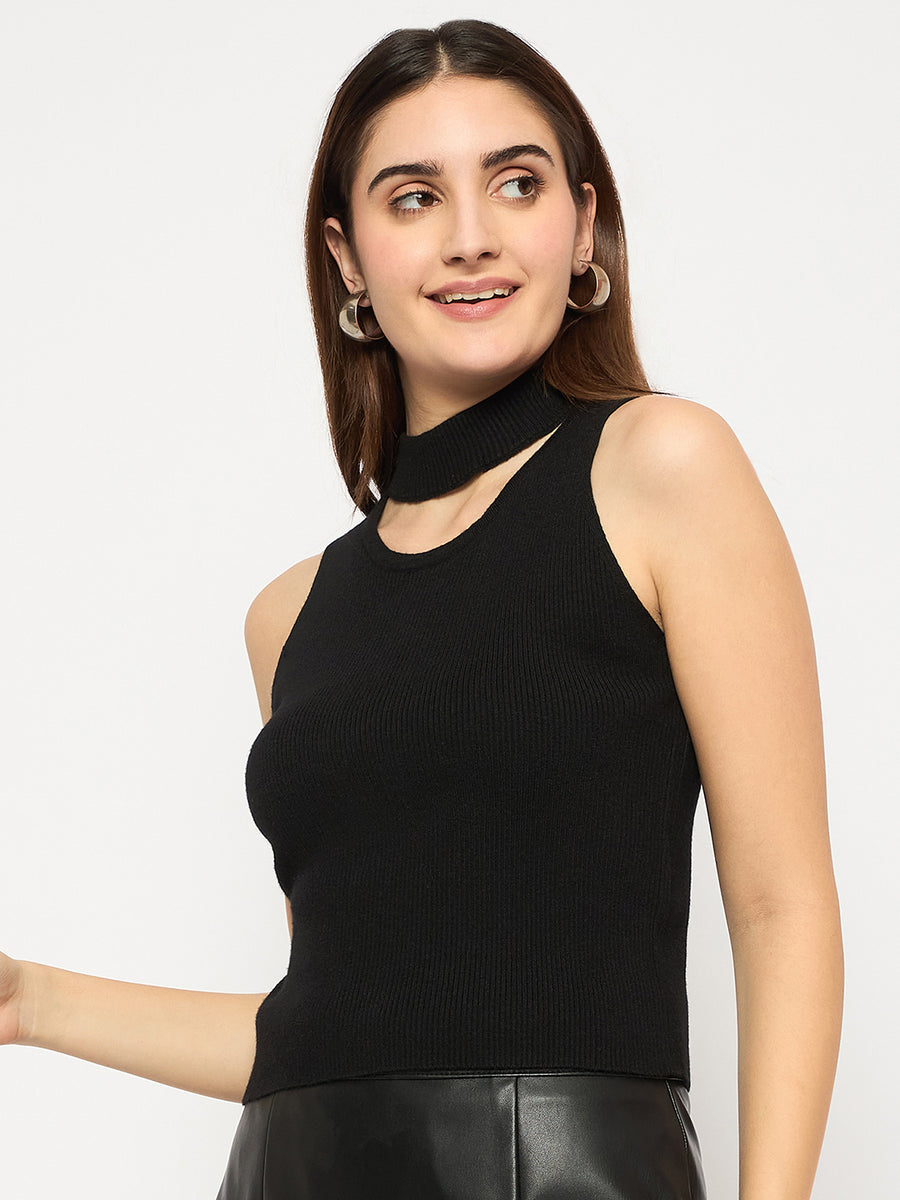 Madame Cutout Sleeveless Mock Neck Black Sweater