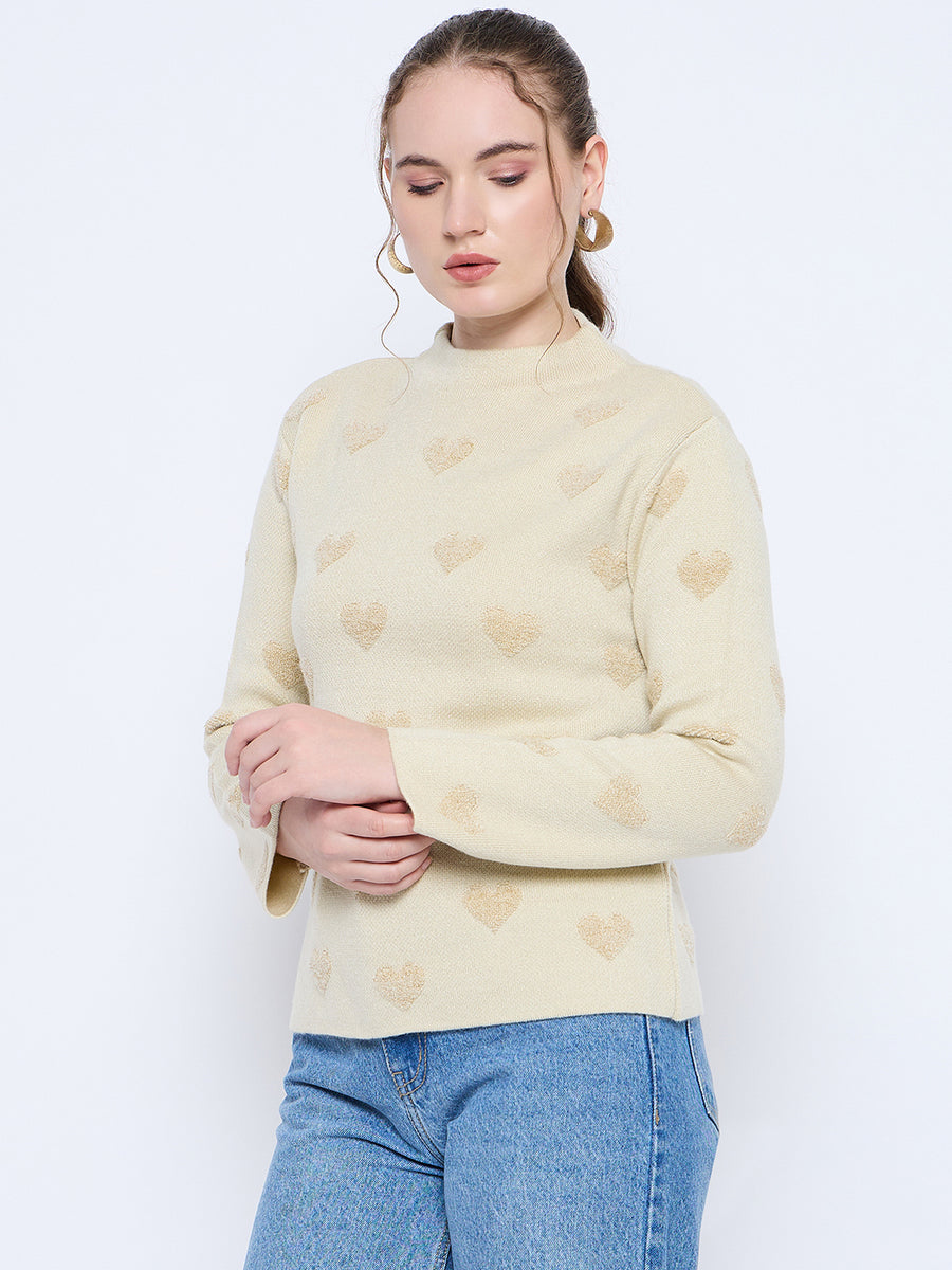 Madame Graphic Print Mock Neck Beige Sweater