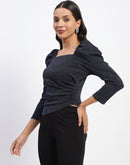 Madame Gathered Shimmery Square Neck Navy Top