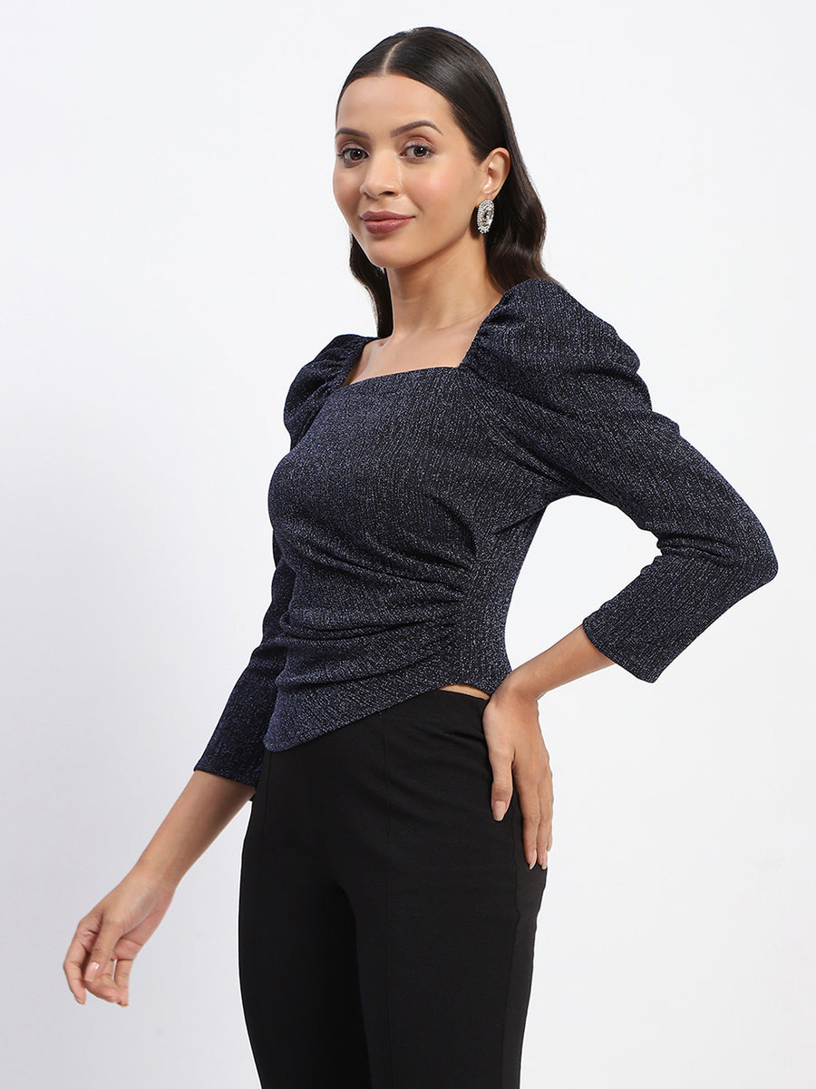 Madame Gathered Shimmery Square Neck Navy Top