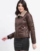 Madame Textured Self Design Brown Suede Jacket