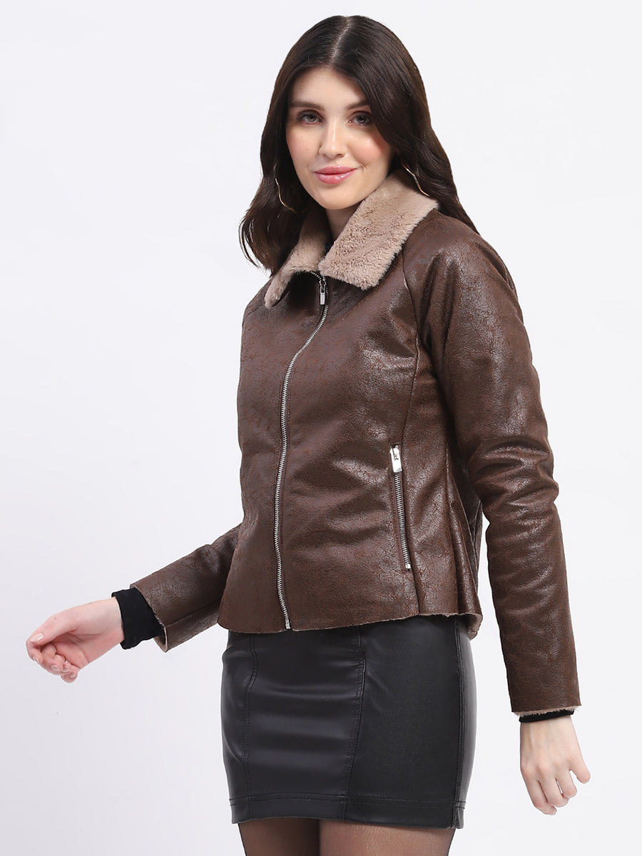 Madame Textured Self Design Brown Suede Jacket