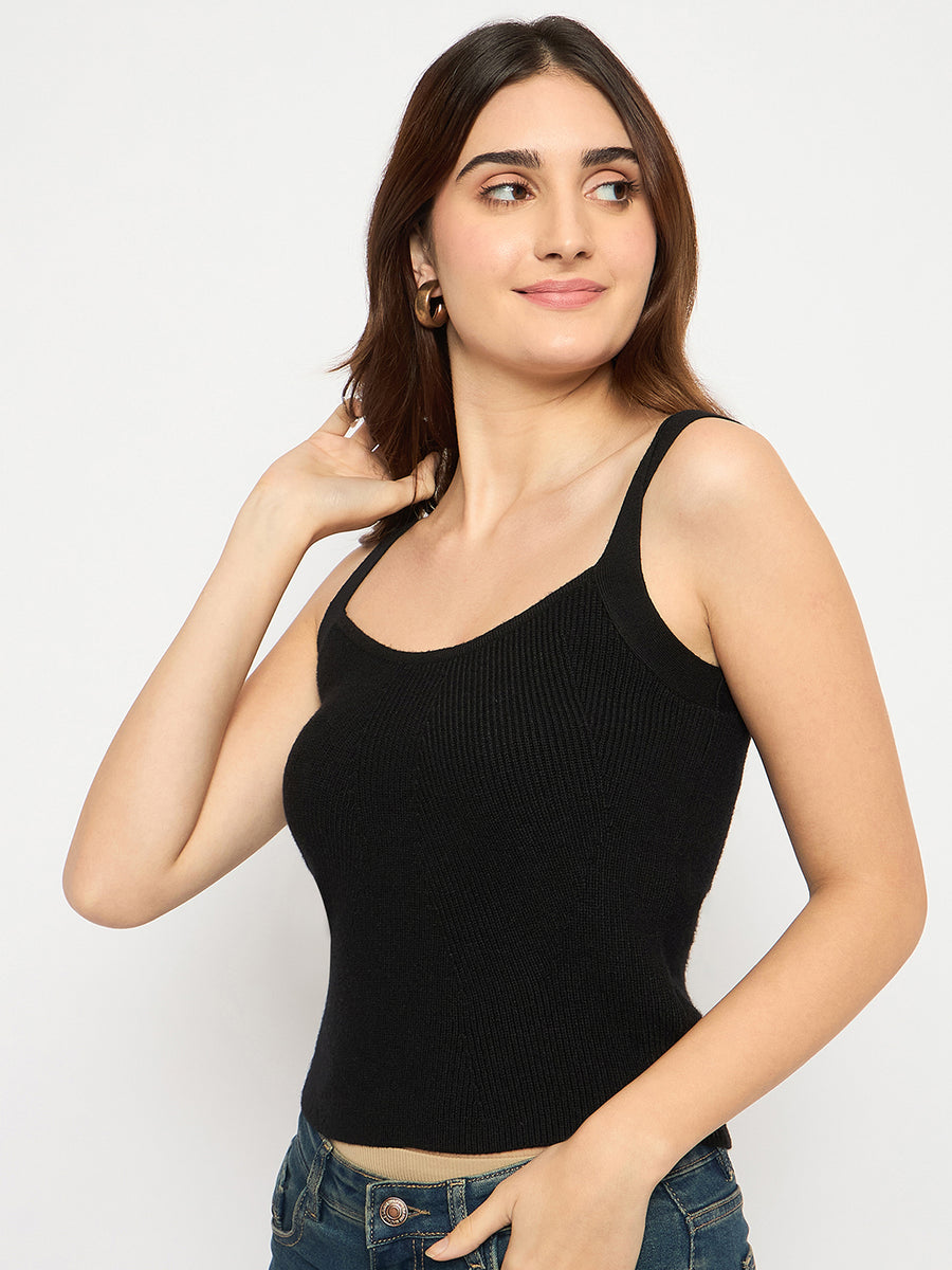 Madame Sleeveless Solid Black Sweater