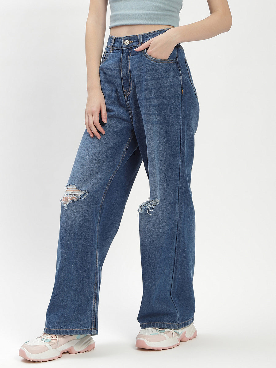 Madame Shanaya Kapoor High-Waisted Flared Ripped Mid Blue Jeans