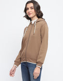 Madame Bonded Fleece Placement Print Brown Zipped Sweatshirt