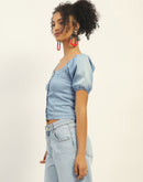 Madame Square Neck Front Button Ice Blue Denim Top