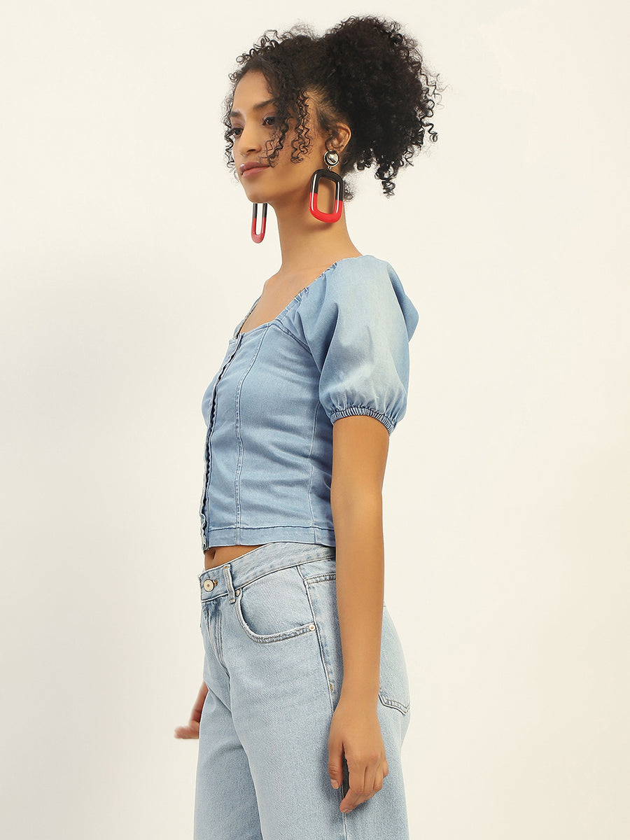 Madame Square Neck Front Button Ice Blue Denim Top