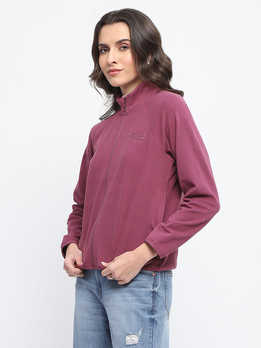 Madame Raglan Sleeve Embroidered Plum Zipped Sweatshirt