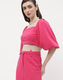 Madame Square Neck Hot Pink Balloon Sleeve Crop Top