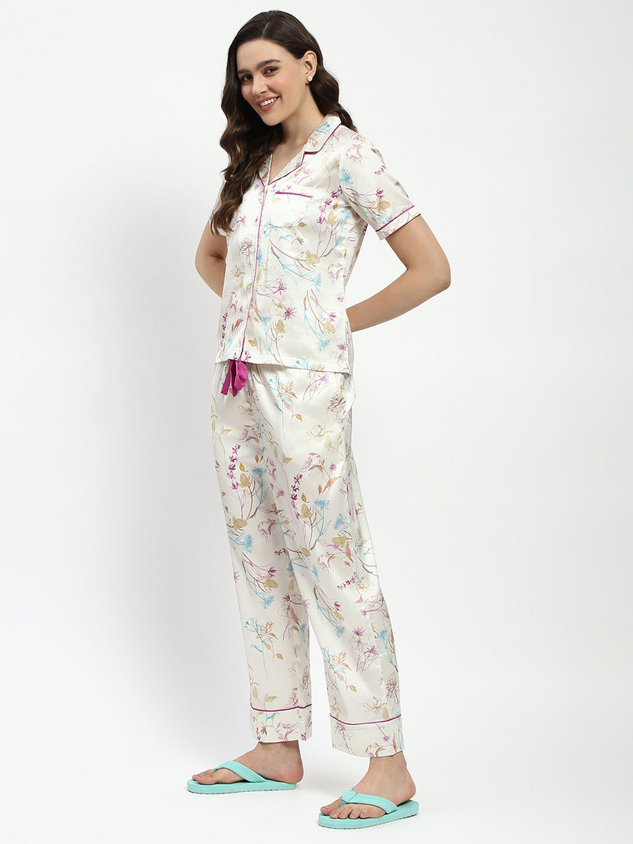 mSECRET Printed Shirt and Shorts Off White Nightsuit