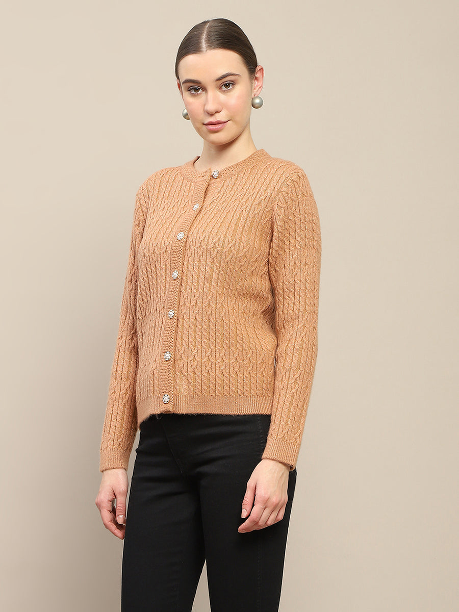 Madame Cable Knit Round Neck Rosewood Cardigan