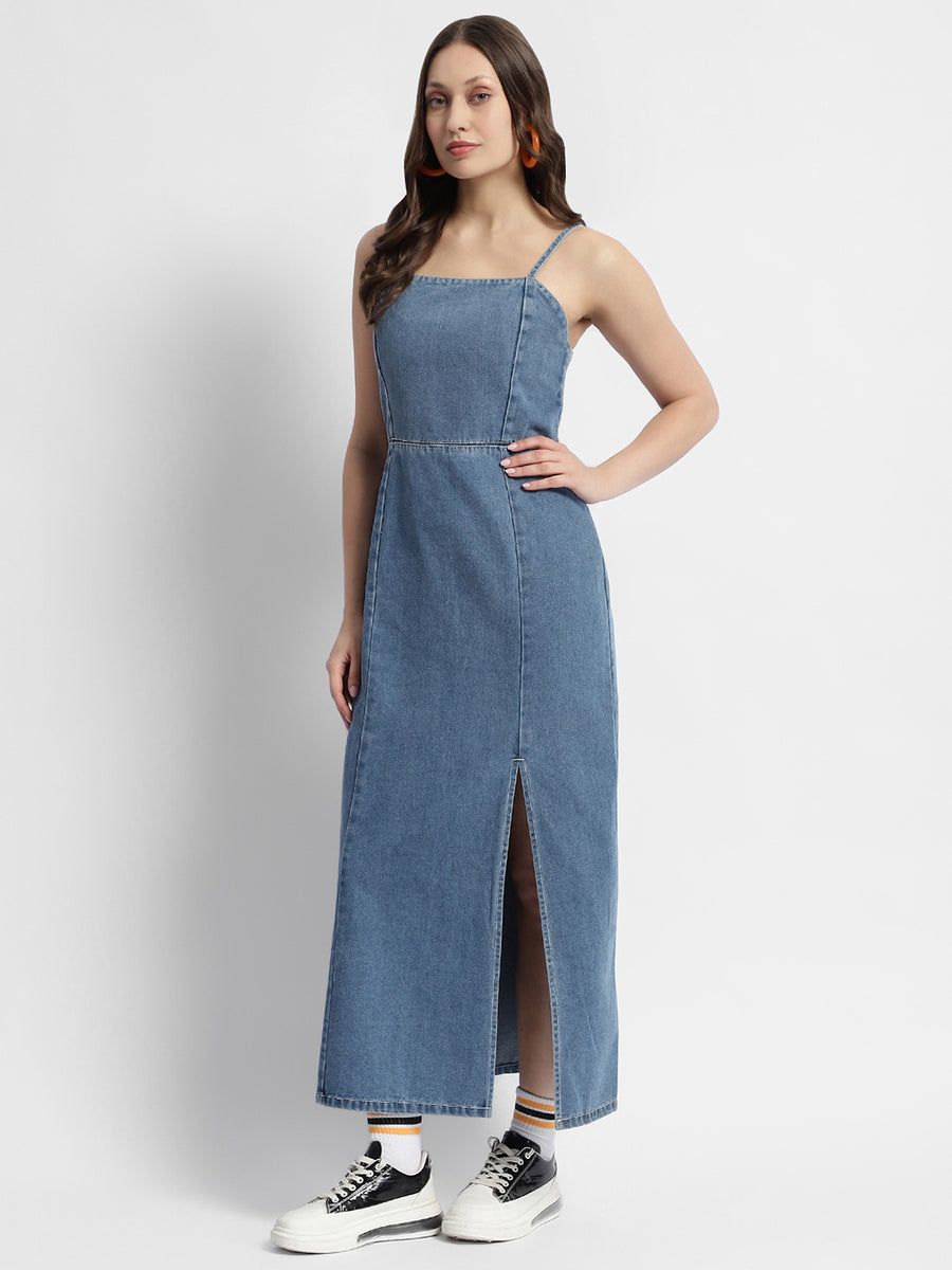 Madame Front Slit Long Denim Dress