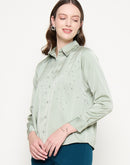 Madame Embellished Shirt Collar Solid Green Shirt