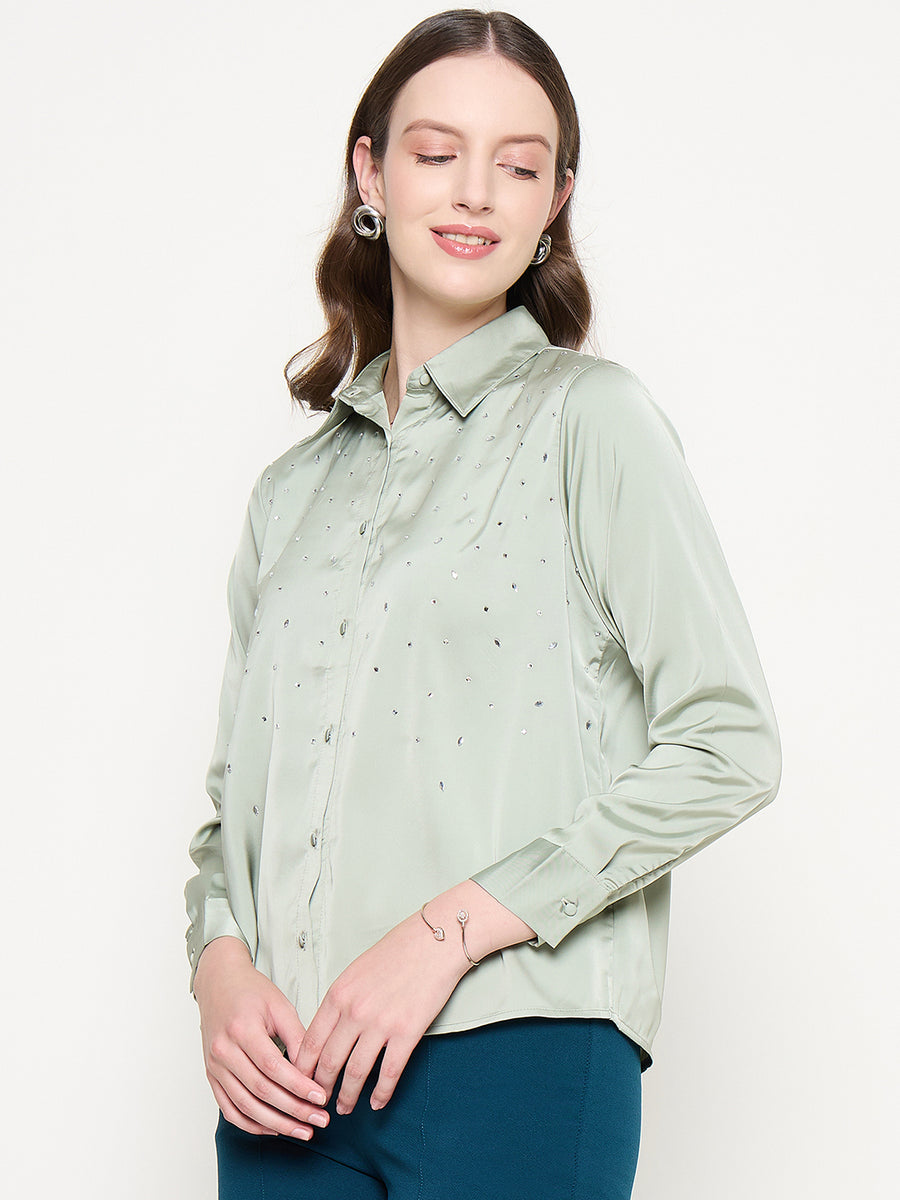 Madame Embellished Shirt Collar Solid Green Shirt