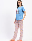 mSECRET Blue Cotton T-Shirt and Printed Pajama Night Suit Set