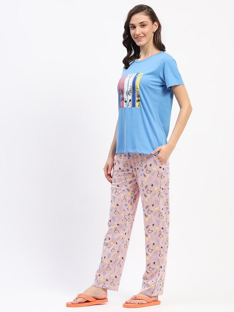 mSECRET Blue Cotton T-Shirt and Printed Pajama Night Suit Set