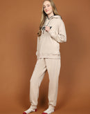 mSECRET Fleece Embroidered Beige Hooded Top and Bottom Night Suit