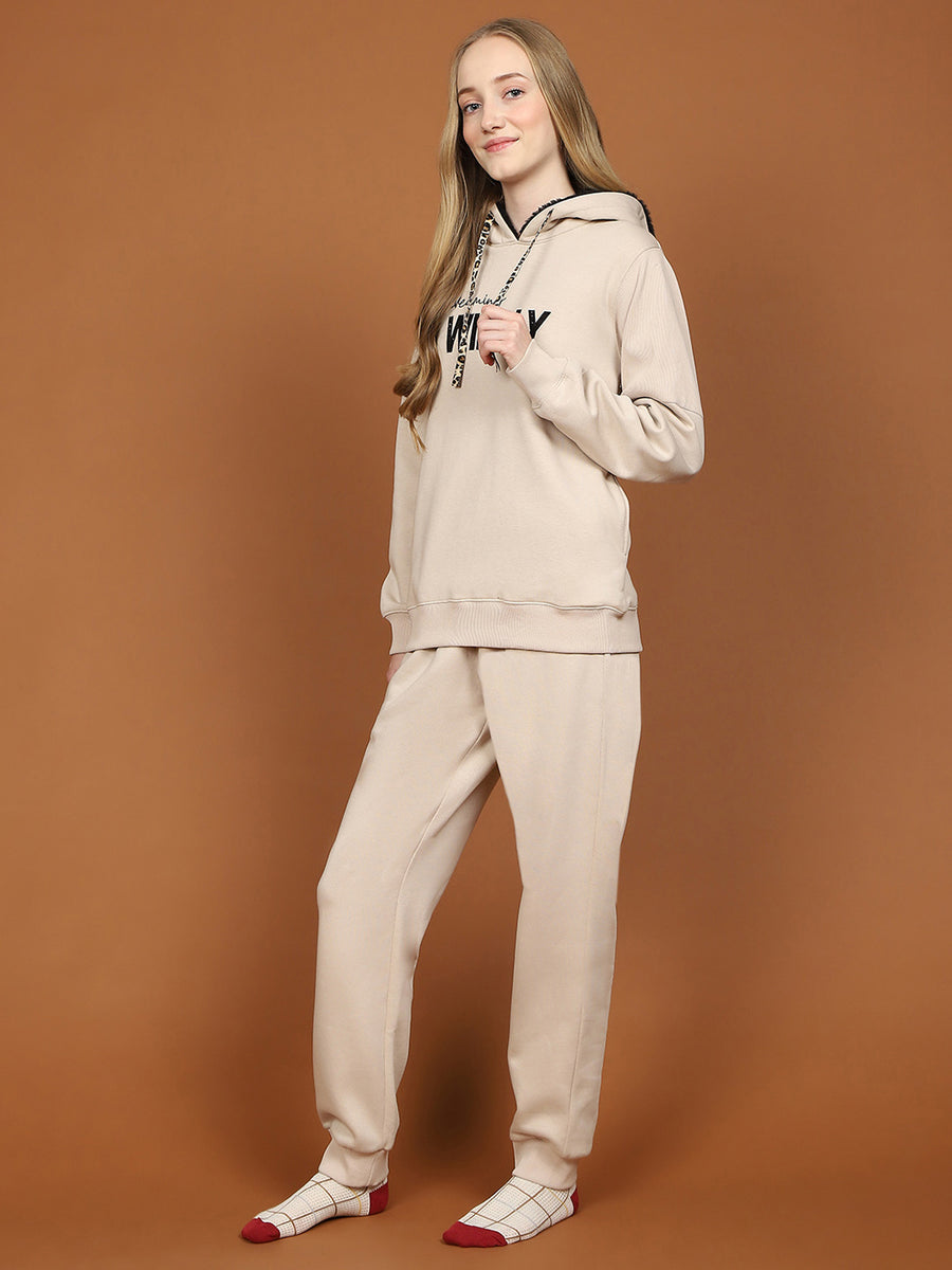 mSECRET Fleece Embroidered Beige Hooded Top and Bottom Night Suit