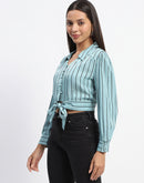 Madame Self Belted Waist Striped Aqua Blue Shirt