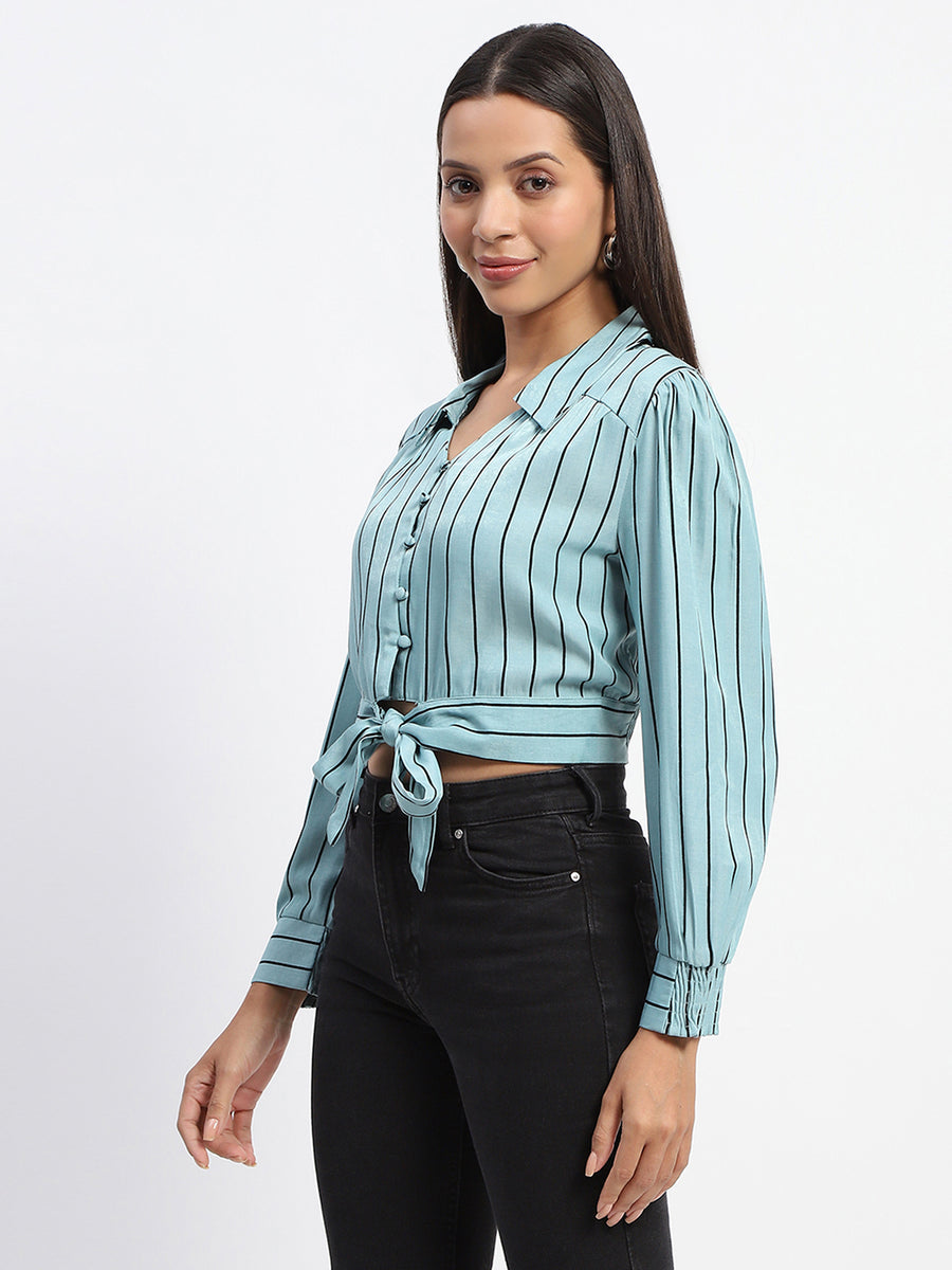 Madame Self Belted Waist Striped Aqua Blue Shirt