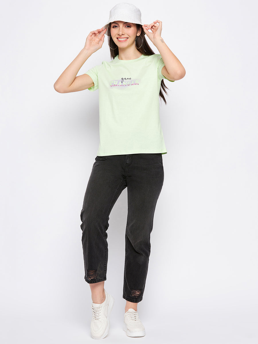 Madame Neon Green Typography Regular Fit Tshirt