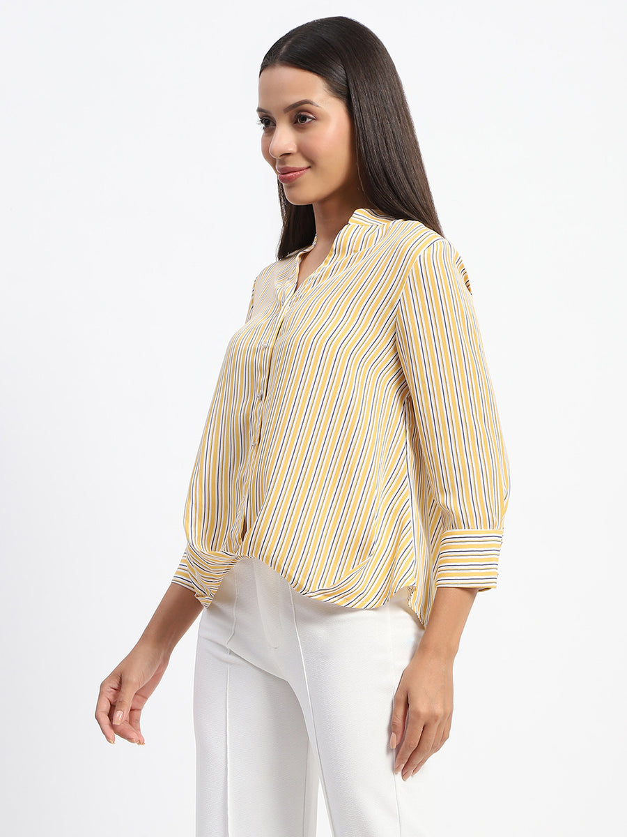 Madame Striped Mandarin Collar Button Down Shirt