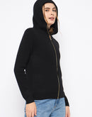 Madame Zip Solid Black Hooded Sweater