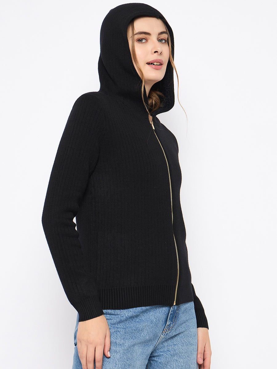 Madame Zip Solid Black Hooded Sweater