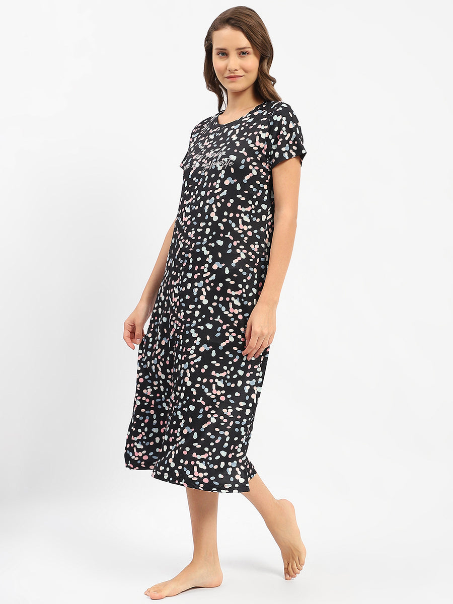 mSECRET Floral Print Round Neck Black Night Dress