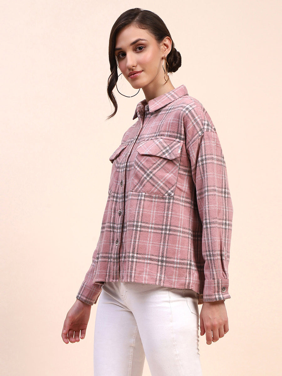 Camla Barcelona Checkered Dusty Pink Flap Patch Cotton Shirt