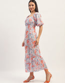 Madame Printed Fit And Flare Blue Cotton Maxi Dress