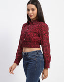 Madame Cinch Waist Marble Print Hot Pink Crop Shirt