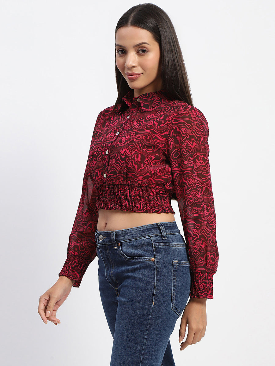 Madame Cinch Waist Marble Print Hot Pink Crop Shirt