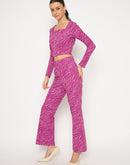 Madame Animal Print Zipped Top and Flared Bottom Pink Ensemble