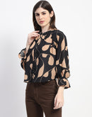 Madame Abstract Print Mock Neck Button Down Black Top