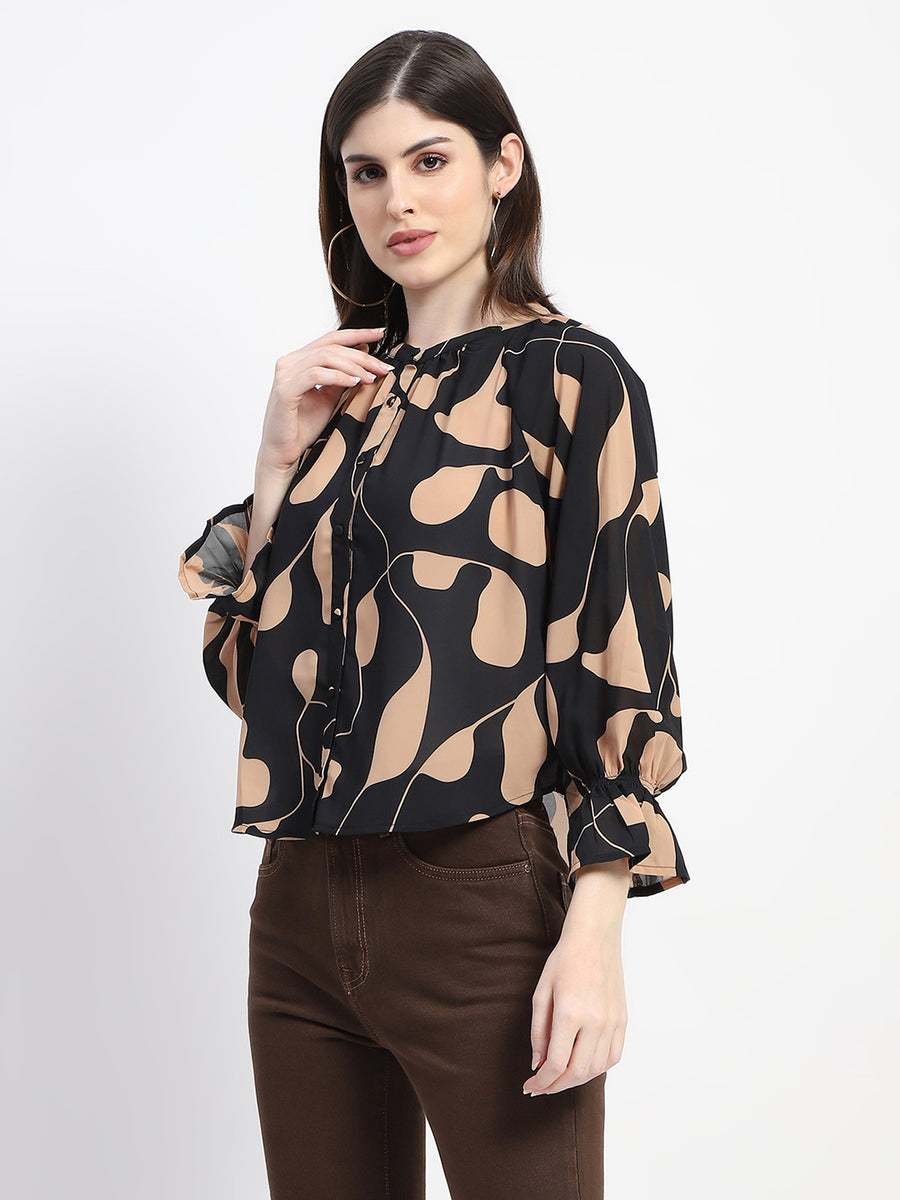 Madame Abstract Print Mock Neck Button Down Black Top