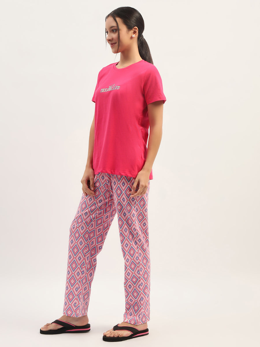 mSECRET Typographic Print Pink Top with Printed Pyjama