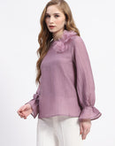 Madame 3D Flower Detailed Round Neck Solid Lilac Top