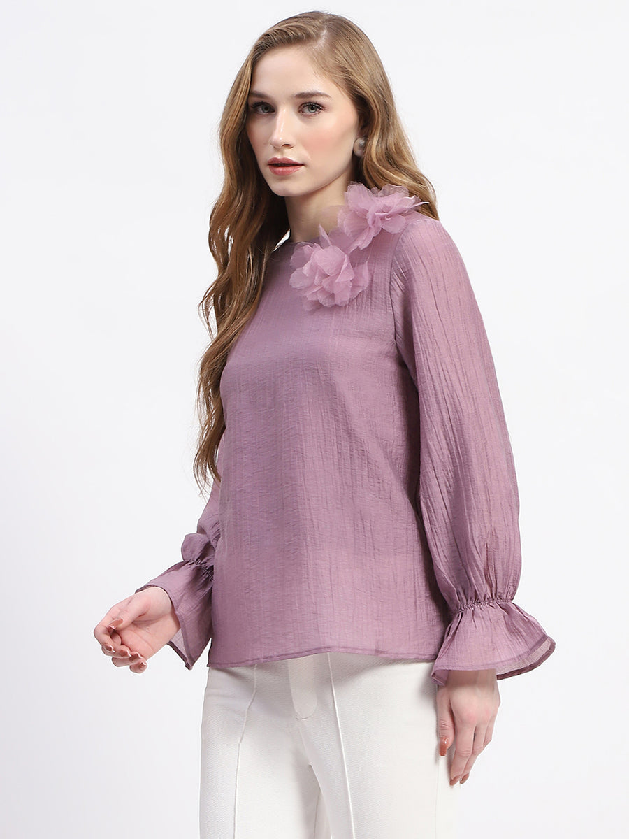 Madame 3D Flower Detailed Round Neck Solid Lilac Top