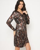 Madame Front Pleated Metallic Rust Floral Print Wrap Dress