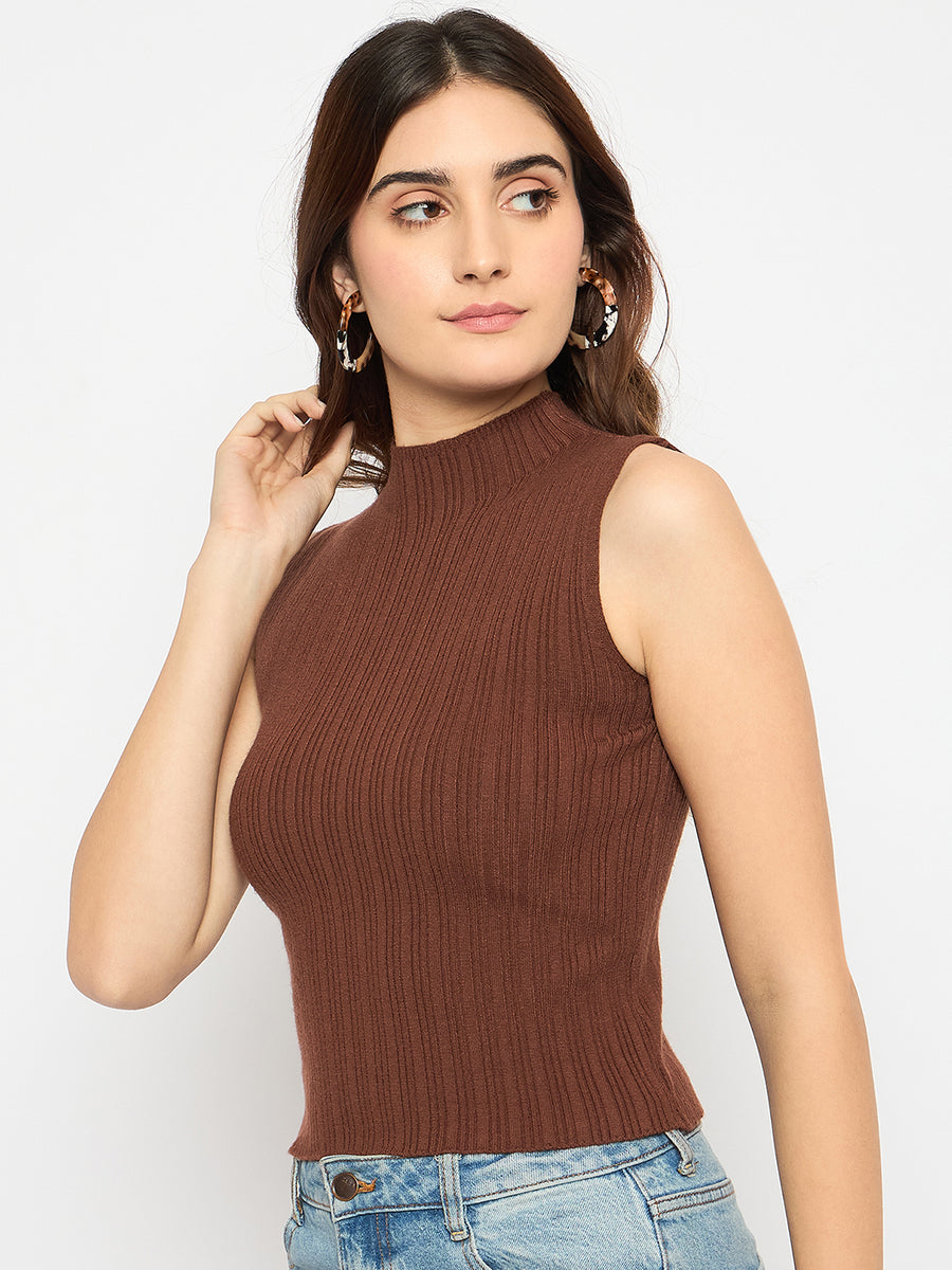 Madame Mock Neck Brown Sleeveless Sweater