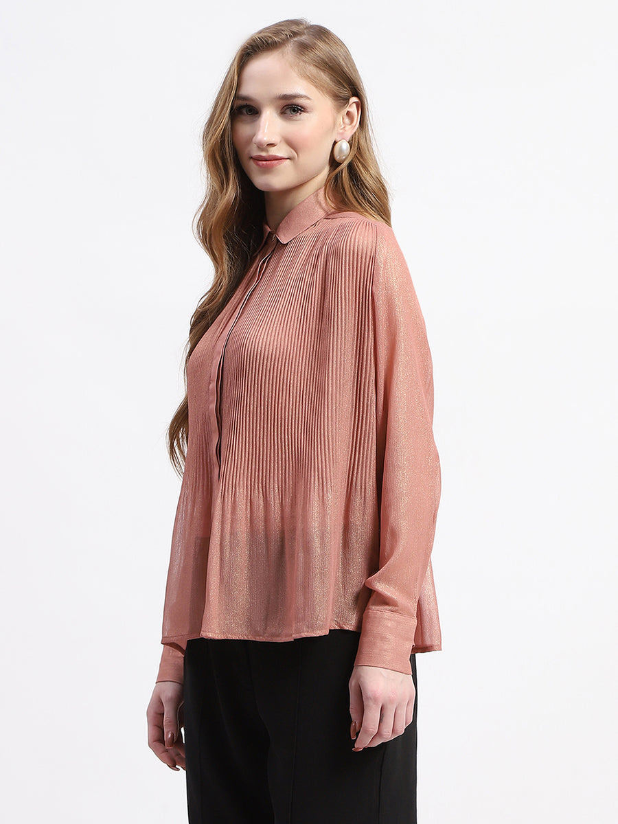 Madame Shimmer Pleated Hem Sheer Peach Shirt